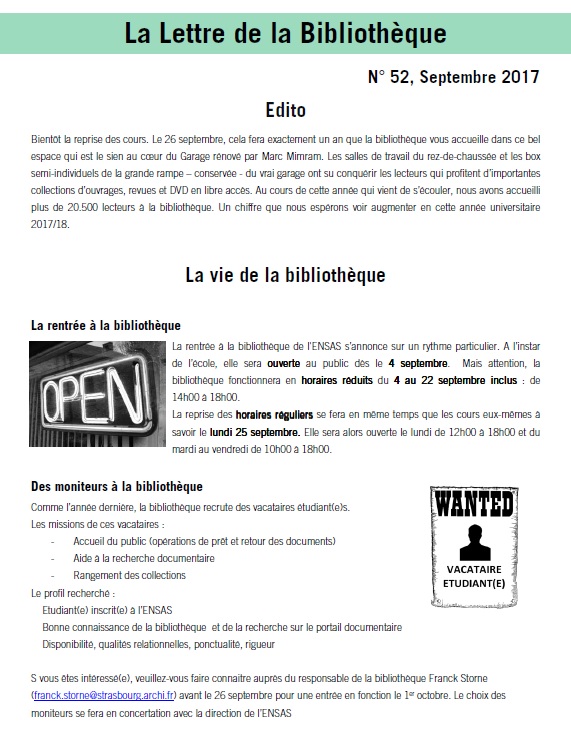 Lettre de la Bibliothèque de l'ENSAS n°52